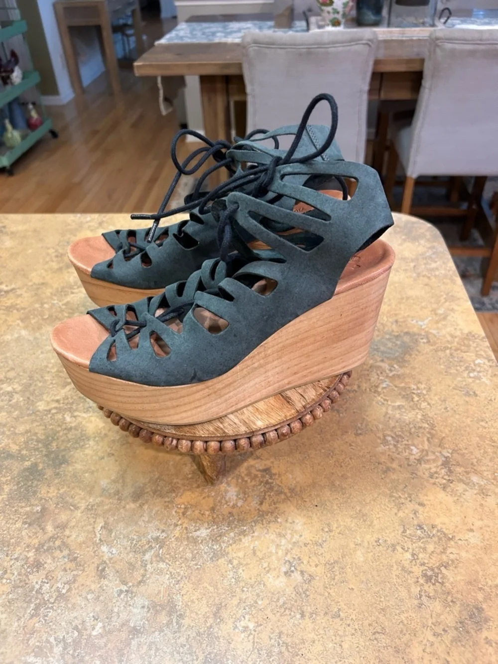 Muse & Cloud Oneka Lace-Up Cutout Suede Retro Wood Platform Sandals